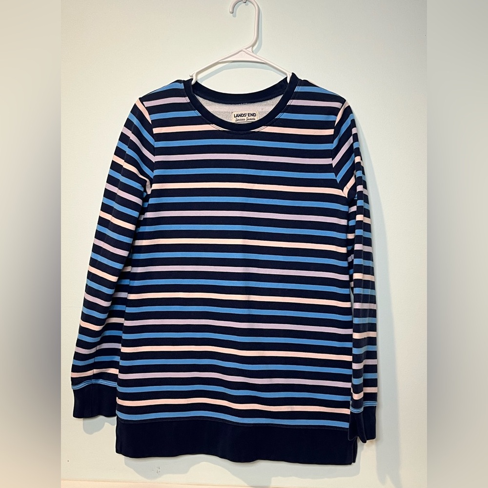 Lands’ End Women’s Serious Sweats Blue Pink Striped Sweatshirt, Size XS (2-4)